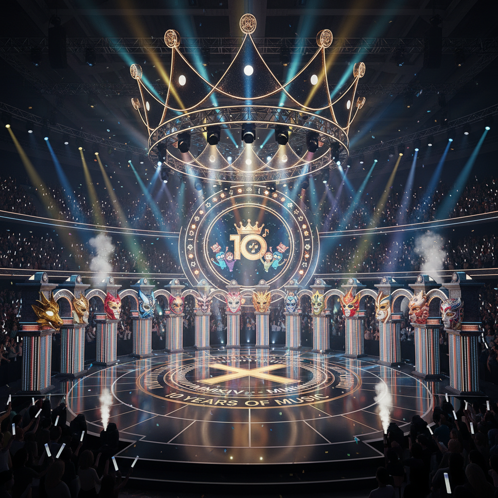 A grand music stage of King of Mask Singer with various colorful masks displayed on pillars, bright spotlights illuminating the center, a festive atmosphere celebrating 10 years, 4:3