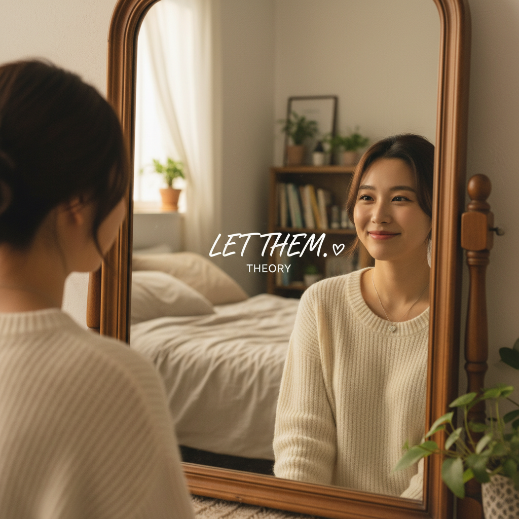 거울 속 자신을 보며 미소 짓는 한국인 여성