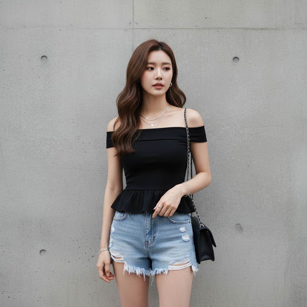 오프숄더 톱과 데님을 매치한 감각적인 스타일