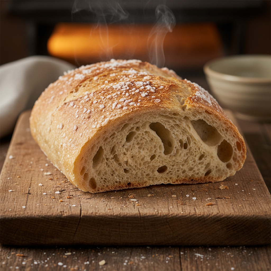 도마 위에 놓인 겉은 바삭하고 속은 촉촉해 보이는 소금 치아바타