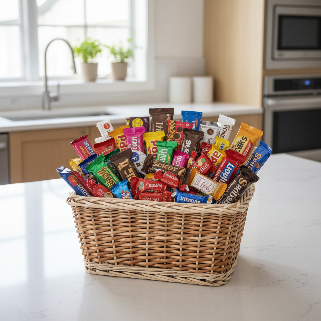 바구니에 담긴 대용량 초콜릿 꾸러미