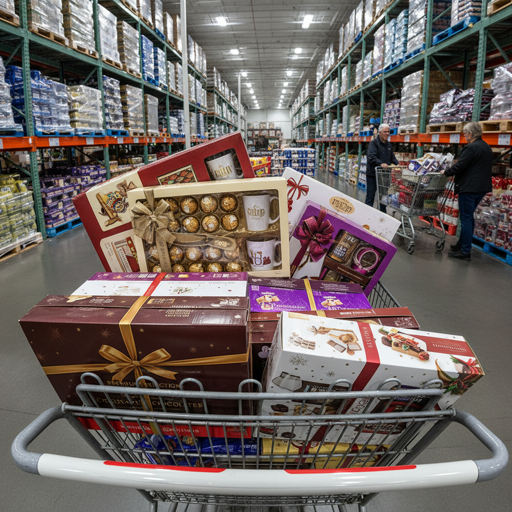 마트 카트에 가득 담긴 초콜릿 상자들
