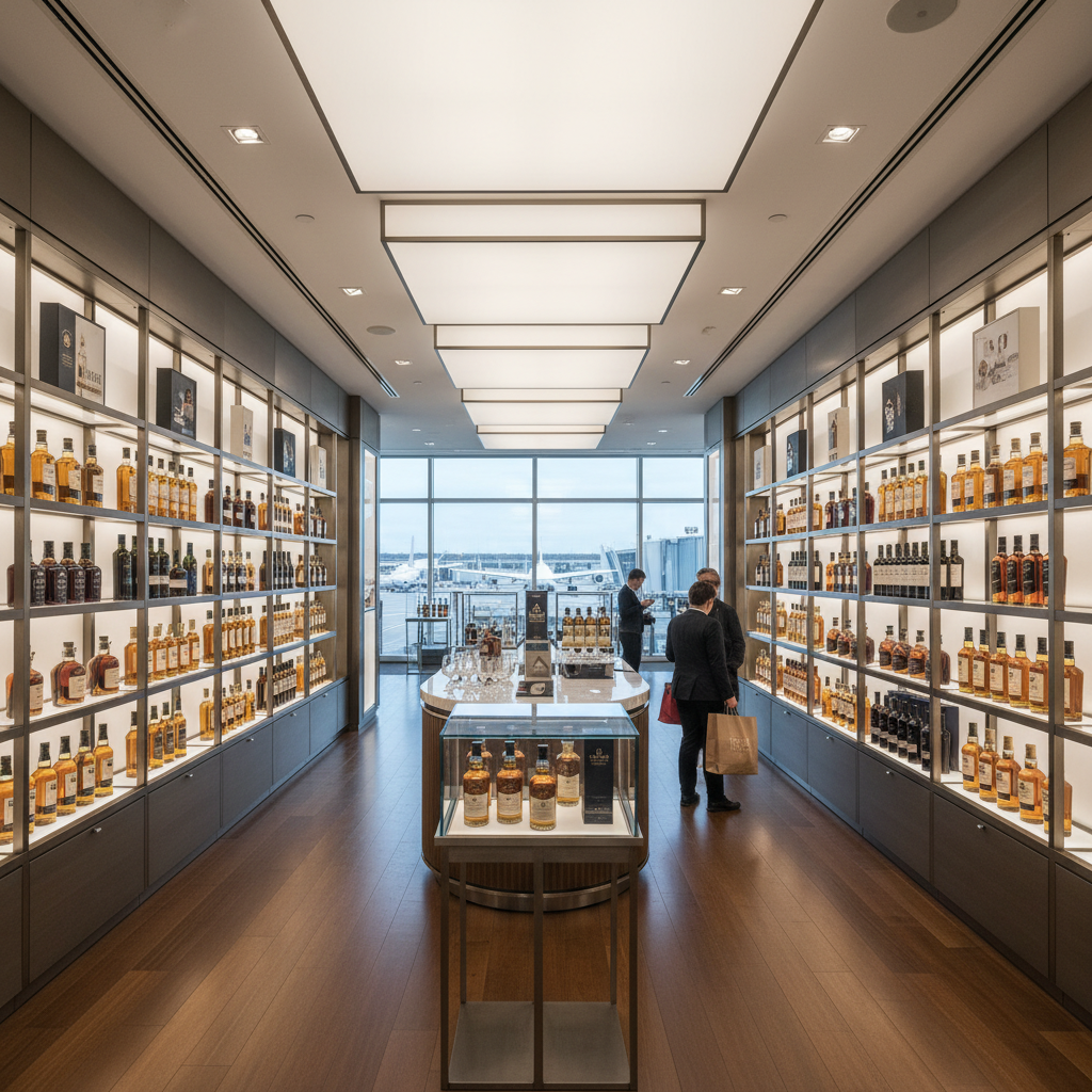 현대적인 공항 면세점 내 프리미엄 주류 진열대 전경