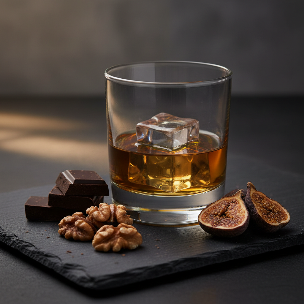 위스키와 함께 다크 초콜릿과 견과류가 차려진 안주 플레이트