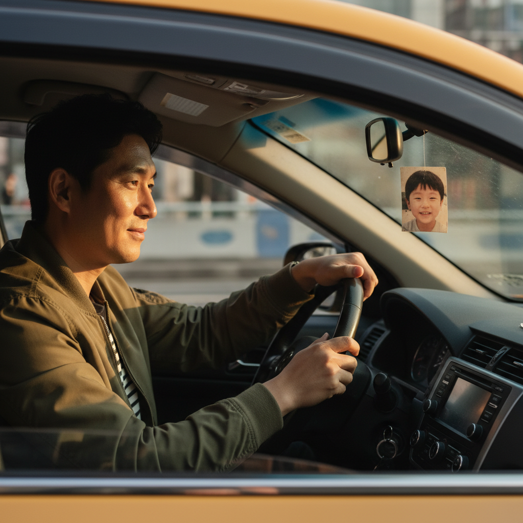 아들을 생각하며 운전하는 아빠의 따뜻한 표정