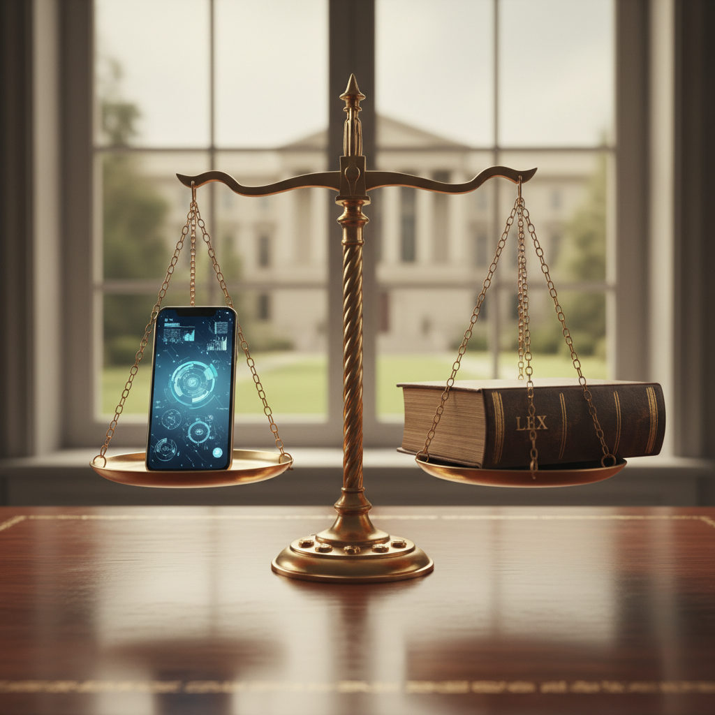 법적 규제와 기술의 균형을 나타내는 상징 이미지