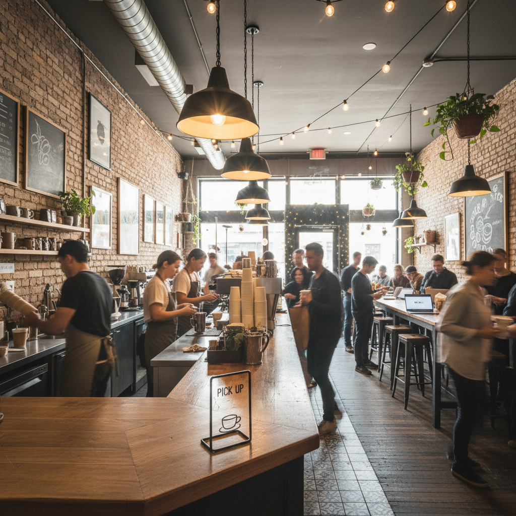 활기찬 커피 전문점 내부의 패스오더 픽업 전용 구역