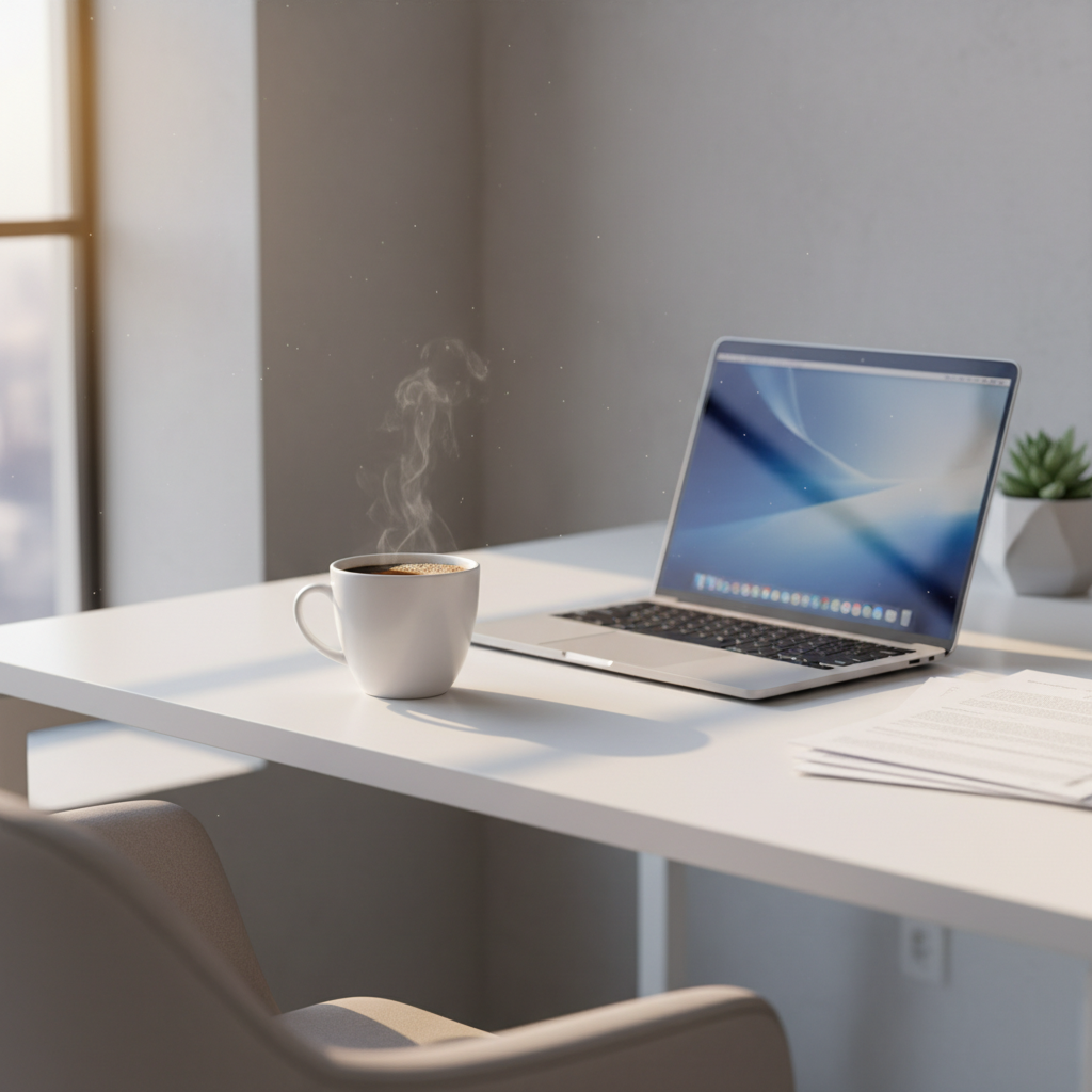 아침 햇살이 비치는 깔끔한 사무실 책상 위의 커피 한 잔