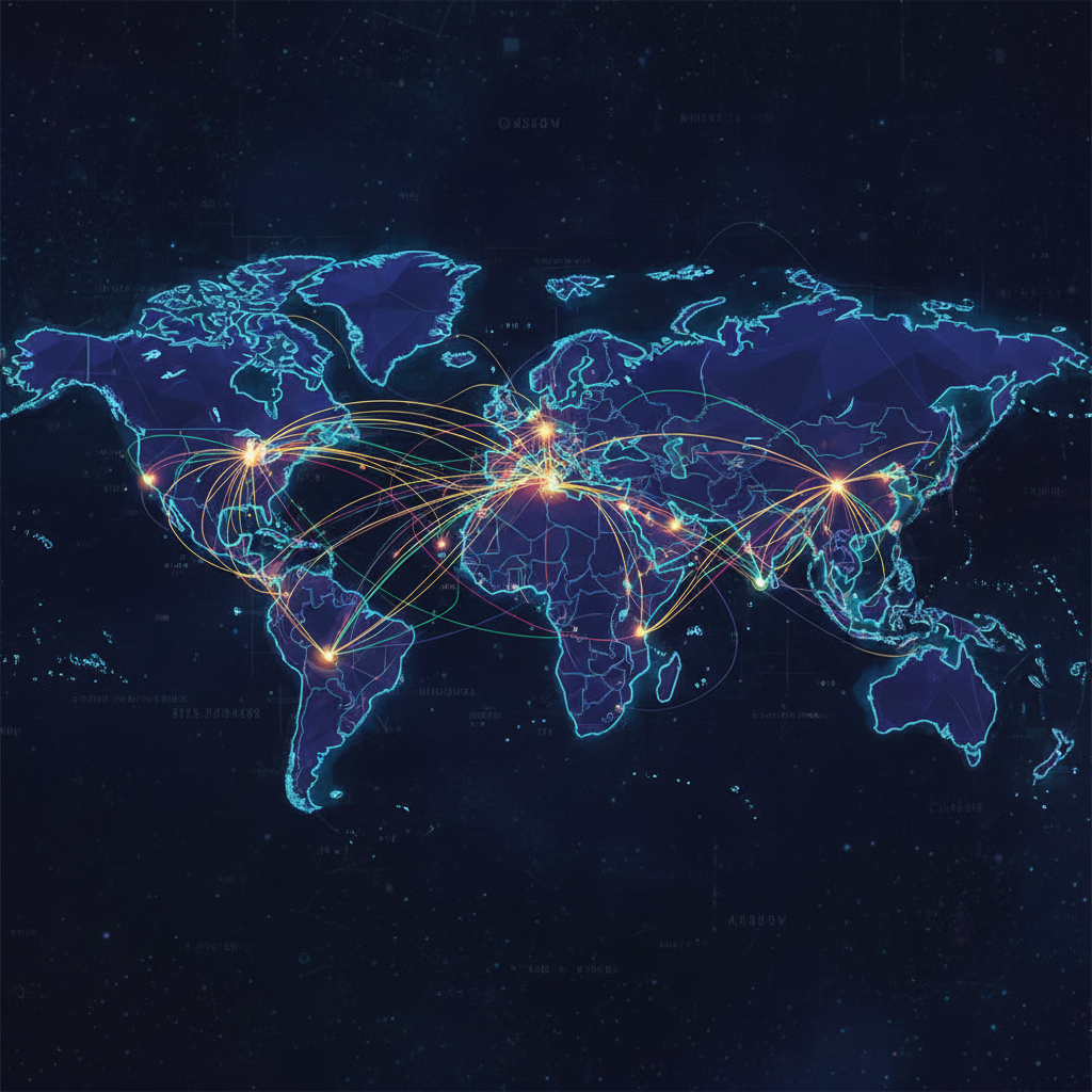 글로벌 무역 경로를 시각화한 디지털 세계 지도