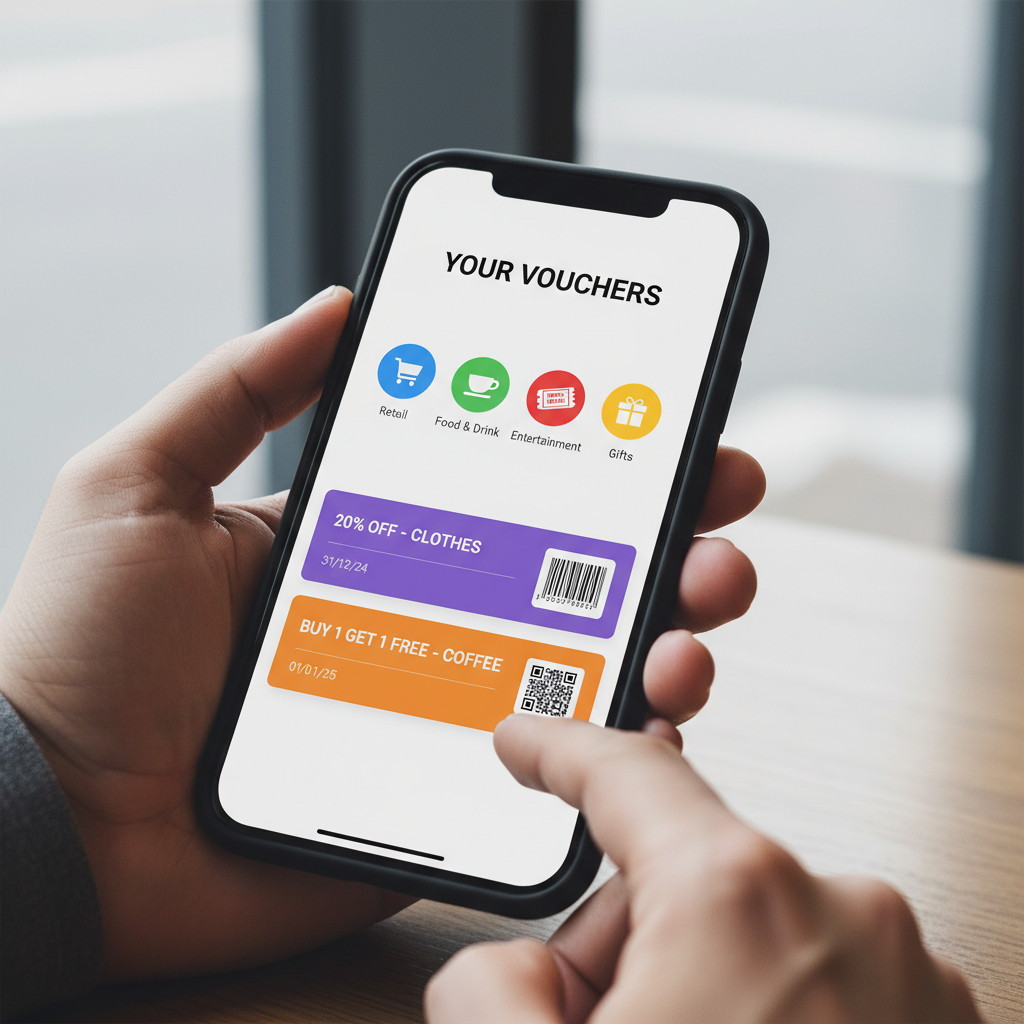 스마트폰 앱으로 디지털 쿠폰을 발급받는 모습