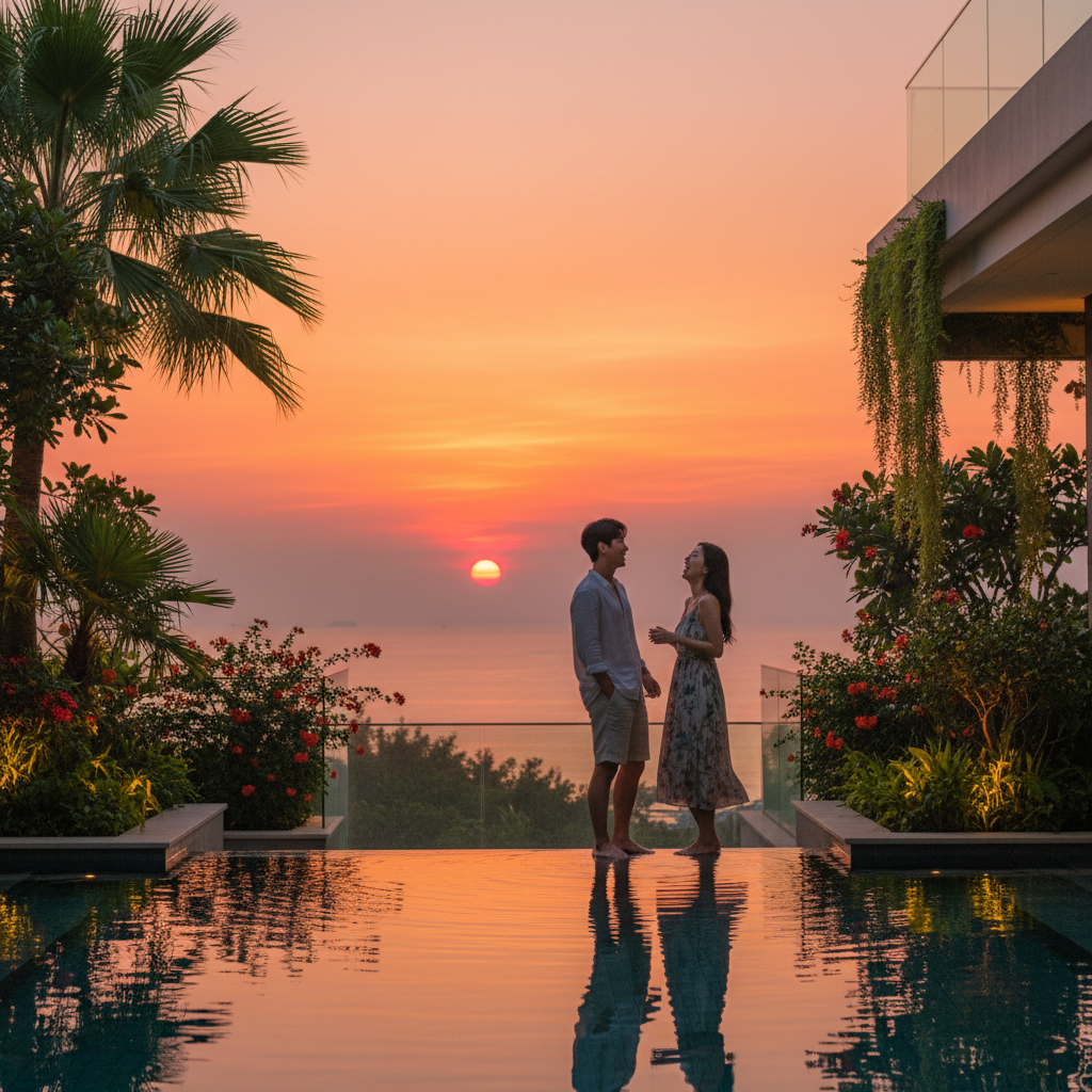 고급스러운 천국도 수영장에서 즐기는 데이트