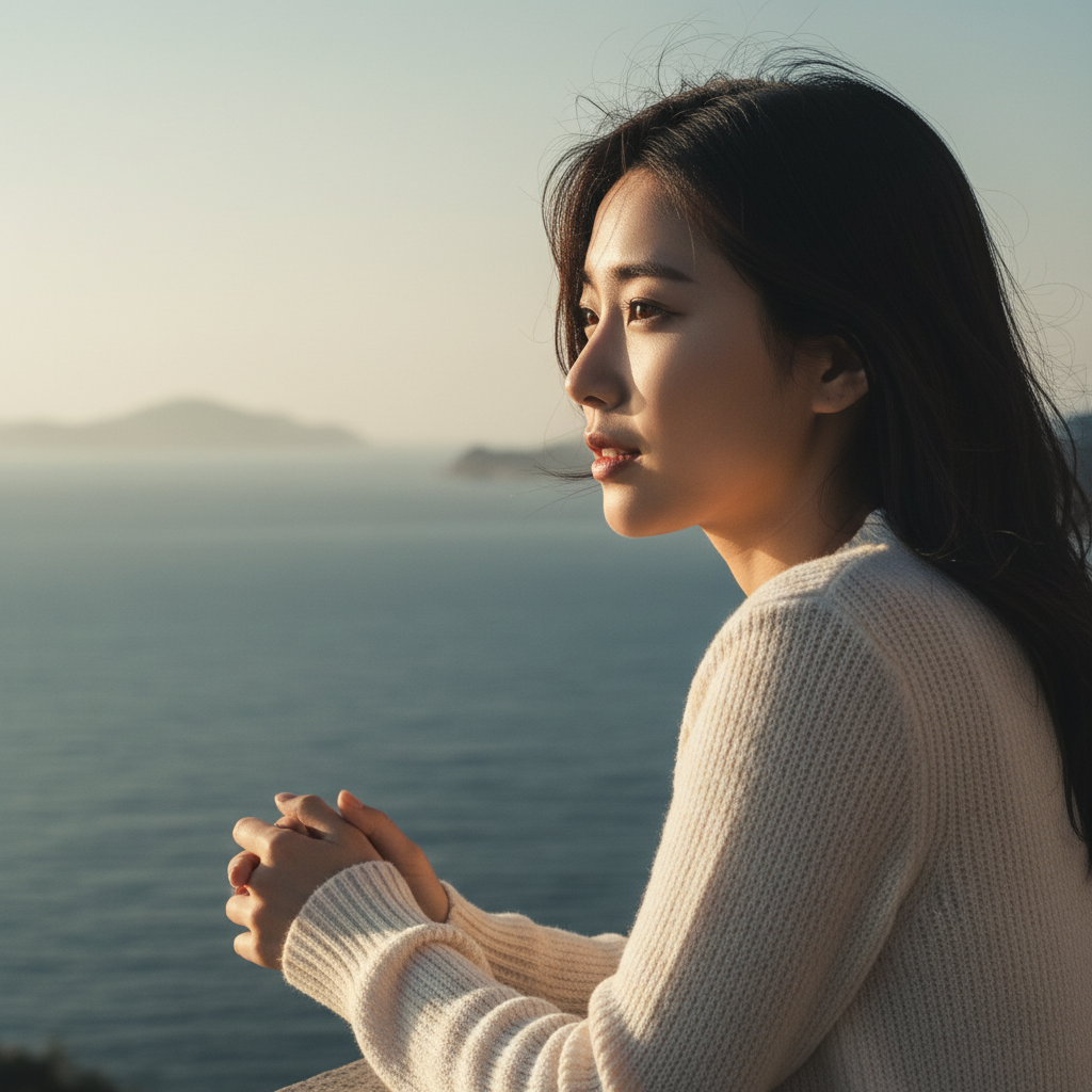 고뇌에 빠진 듯한 젊은 여성의 표정