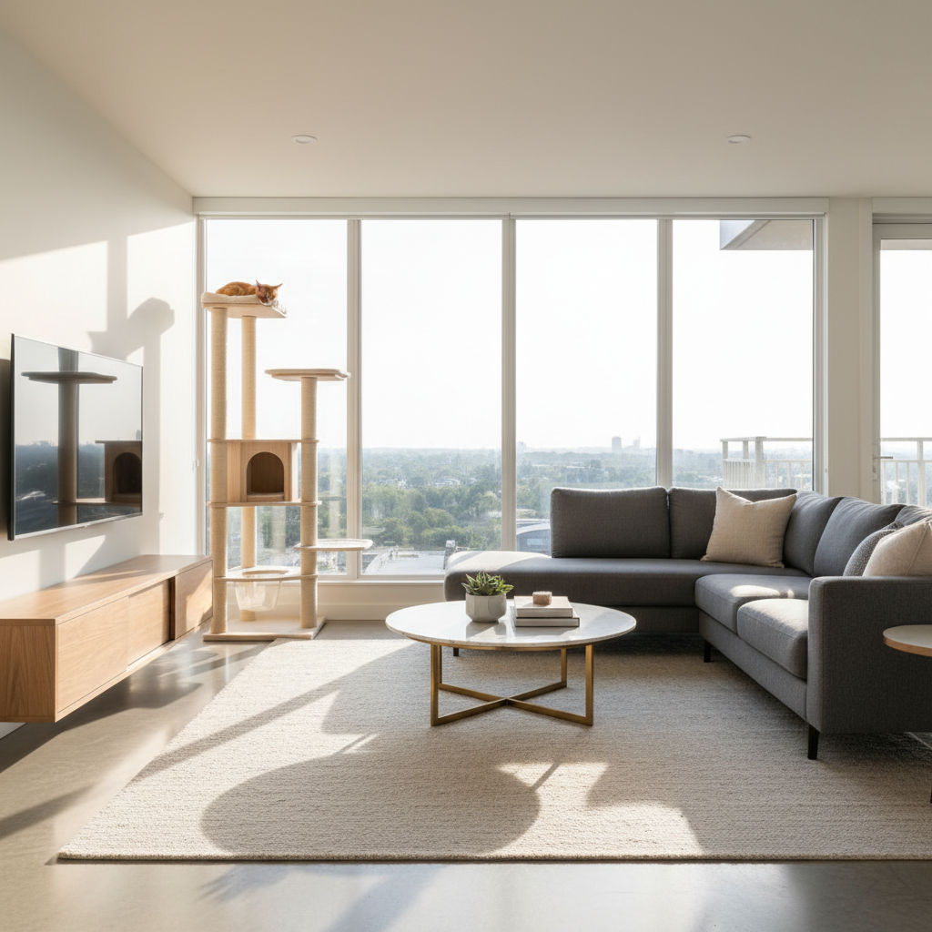 햇살이 잘 드는 깨끗한 거실에서 휴식을 취하는 고양이