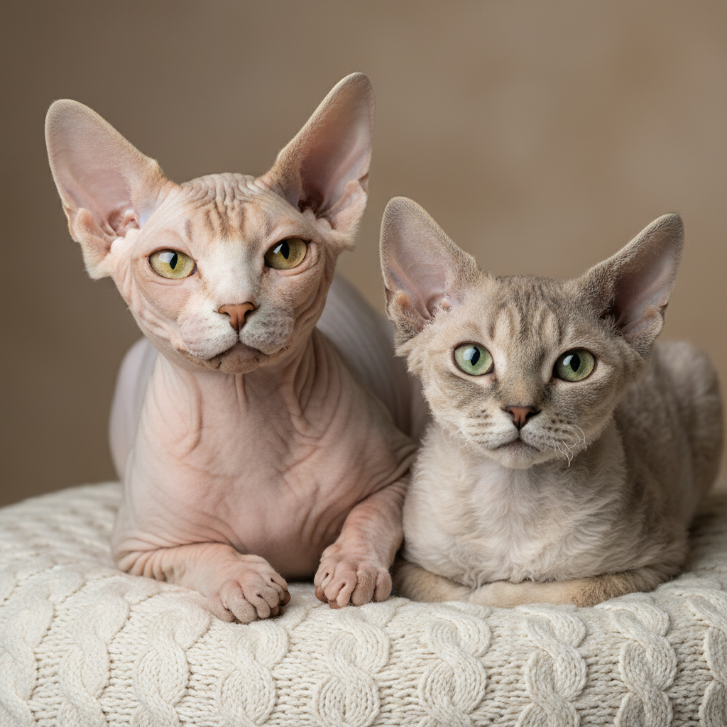 스핑크스 고양이와 데본렉스 고양이가 함께 있는 모습