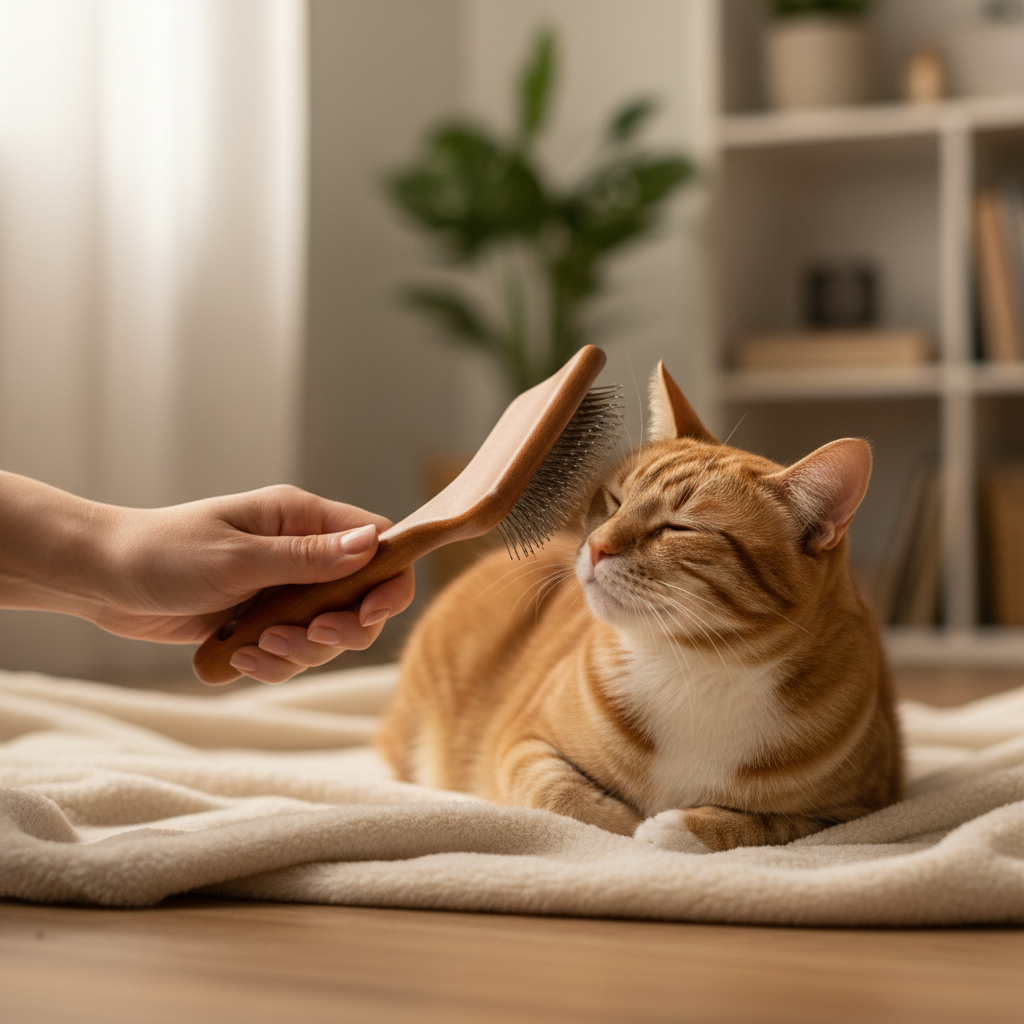 전용 브러시로 짧은 털 고양이를 부드럽게 빗겨주는 집사