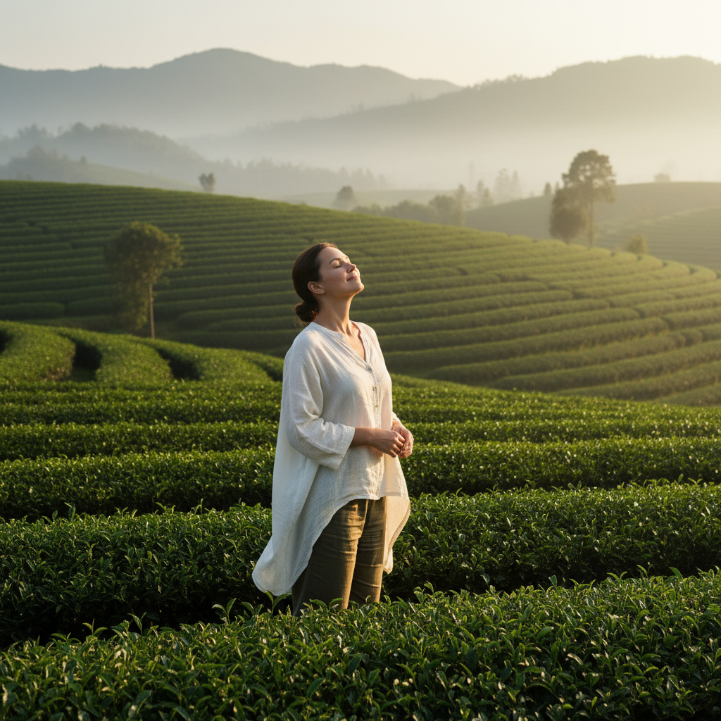 녹차 밭에서 평온함을 느끼는 사람