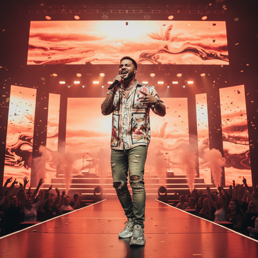 열정적으로 공연하는 라틴 팝 아티스트의 실루엣