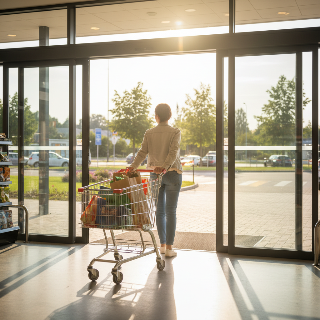 쇼핑을 마치고 만족스럽게 매장을 나서는 사람의 모습