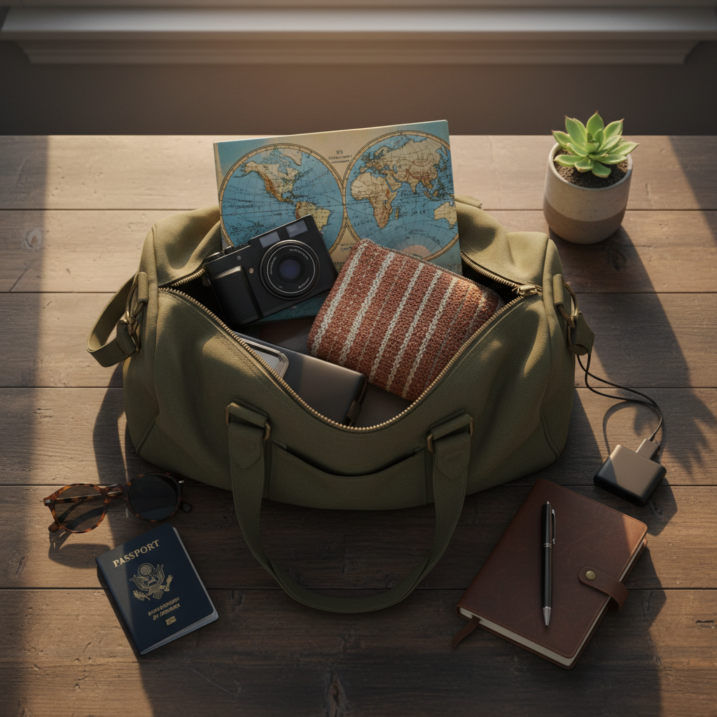 여행용 가방 안에 담긴 소형 카메라와 소품들
