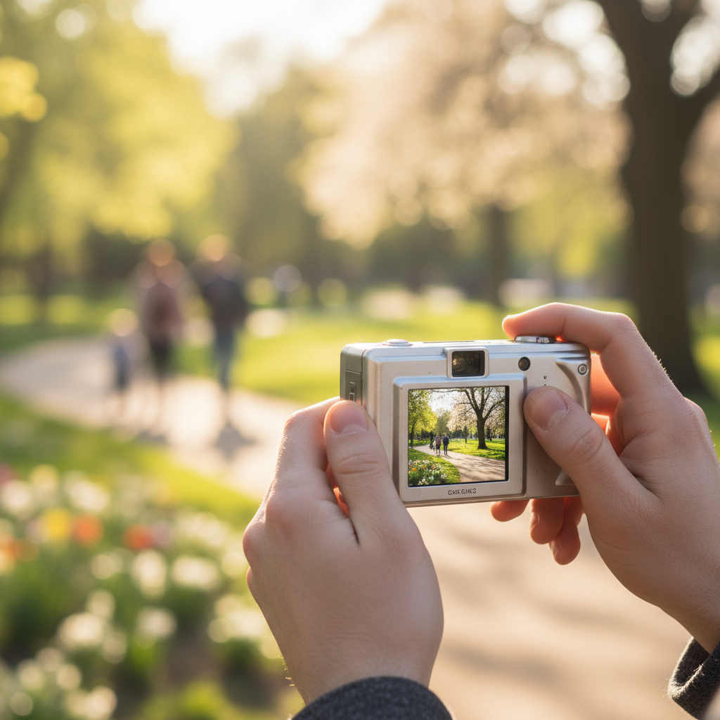 빈티지 카메라로 야외에서 풍경을 촬영하는 손