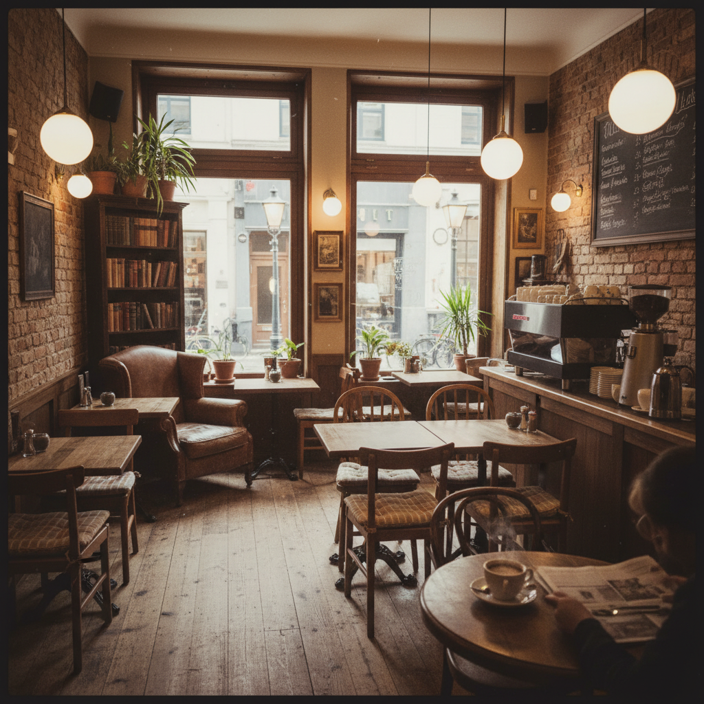 필름 사진 느낌의 빈티지한 카페 내부 스냅샷