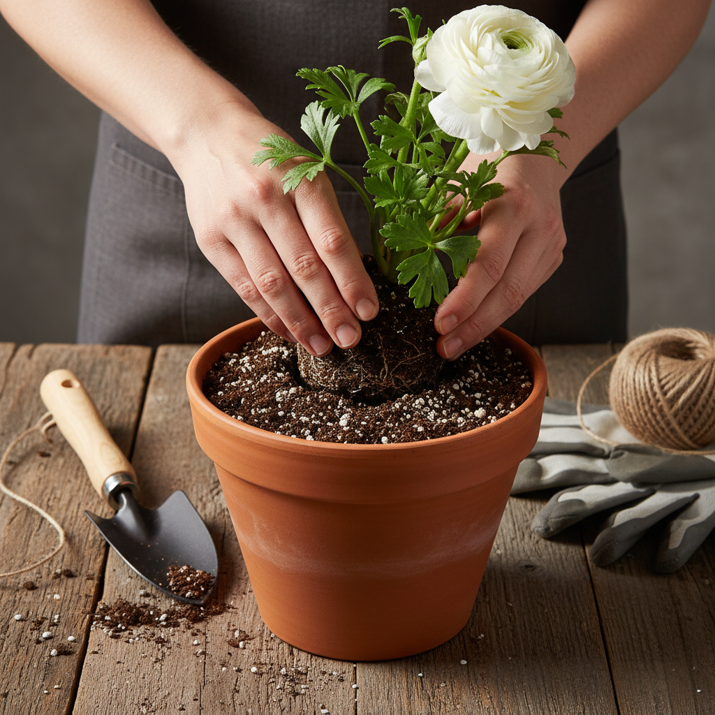 배수가 잘 되는 흙을 사용하여 토분에 분갈이하는 과정