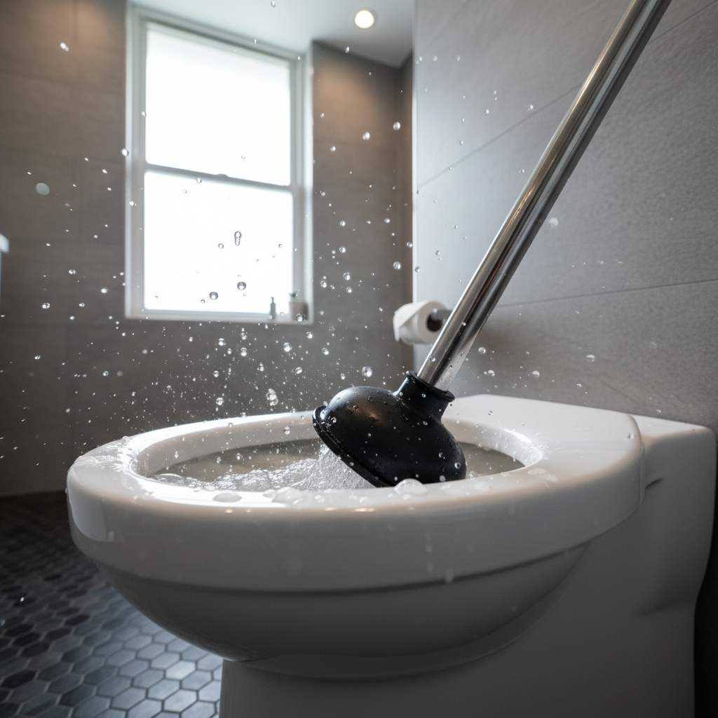 뚫어뻥을 사용하여 변기를 뚫는 실제 장면