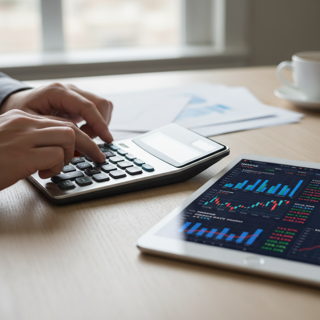 계산기를 두드리며 급여를 확인하는 사람의 손