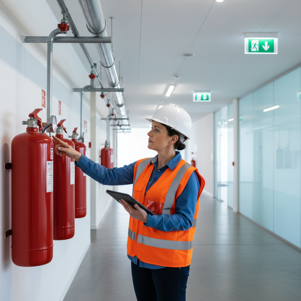 소방안전관리자가 건물의 소방 설비를 점검하는 모습