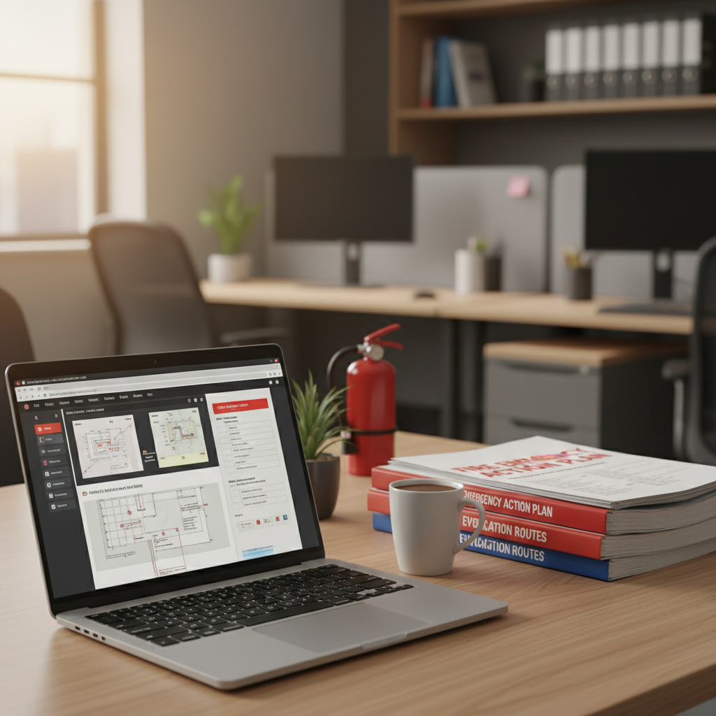 소방 계획서를 작성 중인 사무실 책상 위 서류들