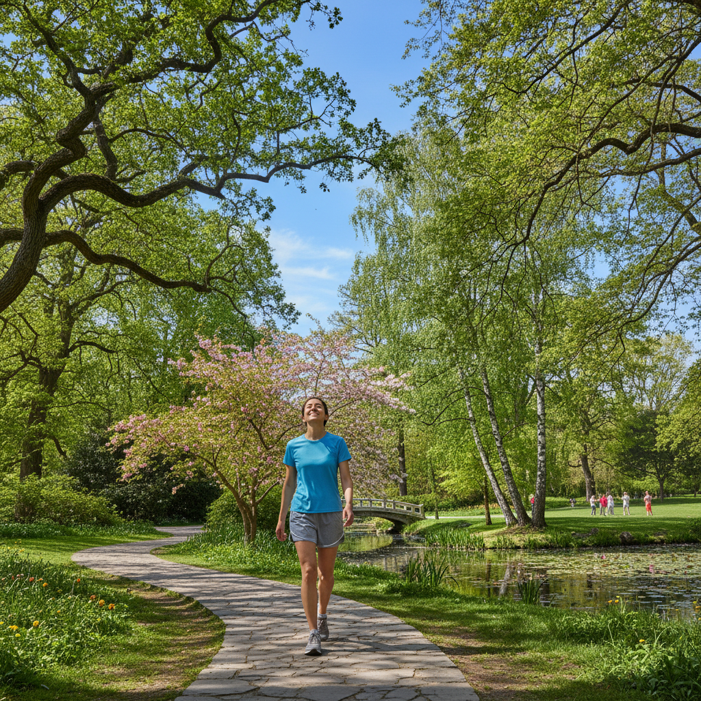 맑은 공기를 마시며 산책하는 사람