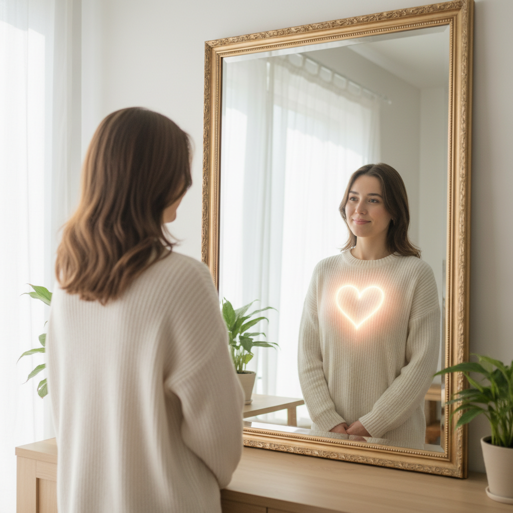 자아 성장을 상징하는 거울 속의 따뜻한 모습