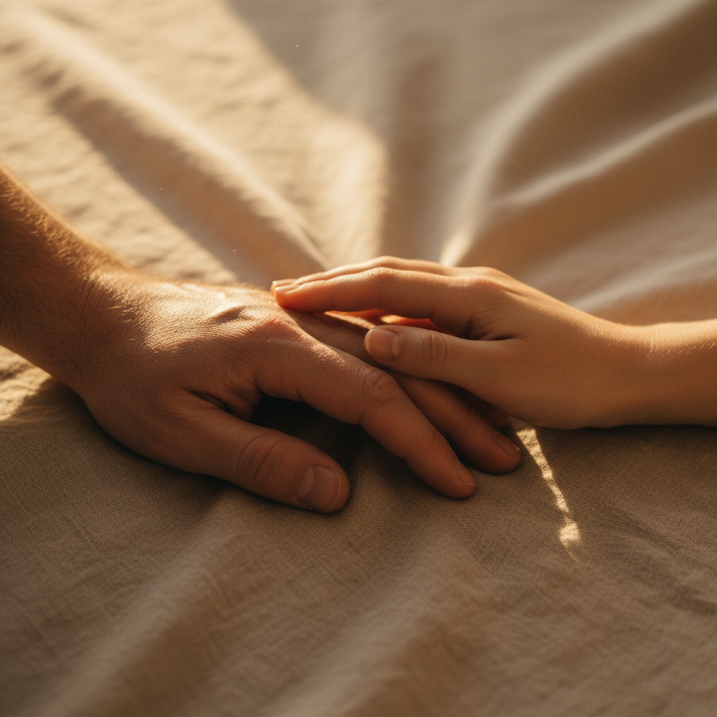 서로의 손길을 통해 온기를 나누는 평온한 분위기