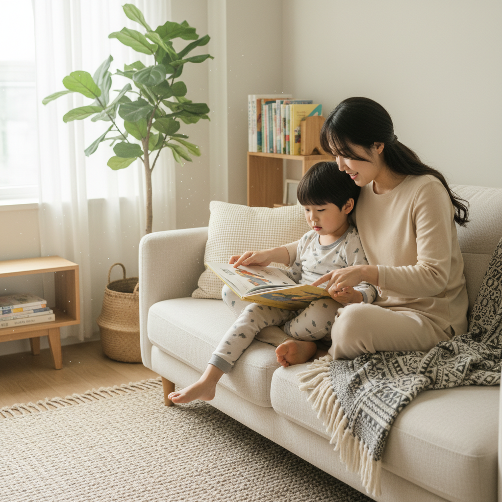 밝은 거실에서 부모와 아이가 함께 책을 보며 대화하는 모습