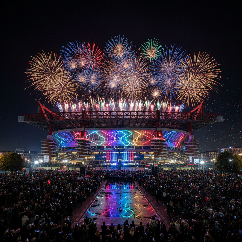 화려한 조명이 켜진 산 시로 스타디움 전경