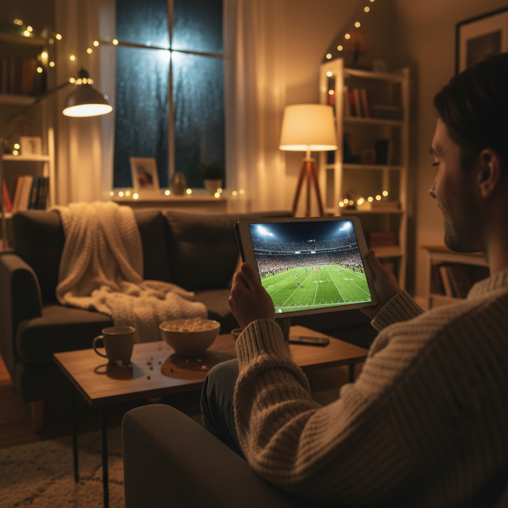 태블릿으로 올림픽 중계를 시청하는 사람