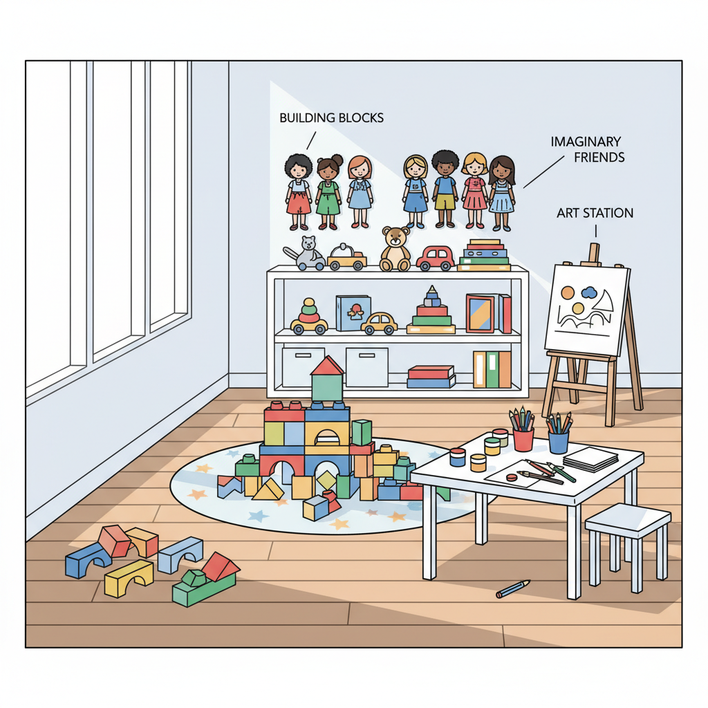 성별 고정관념 없이 다양한 장난감을 가지고 노는 밝은 놀이방