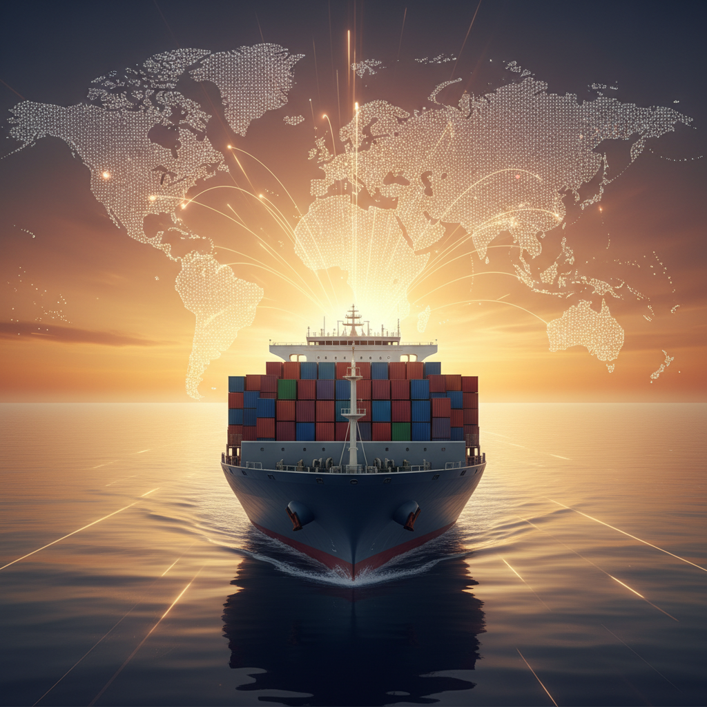 글로벌 시장으로 뻗어나가는 컨테이너선과 세계 지도