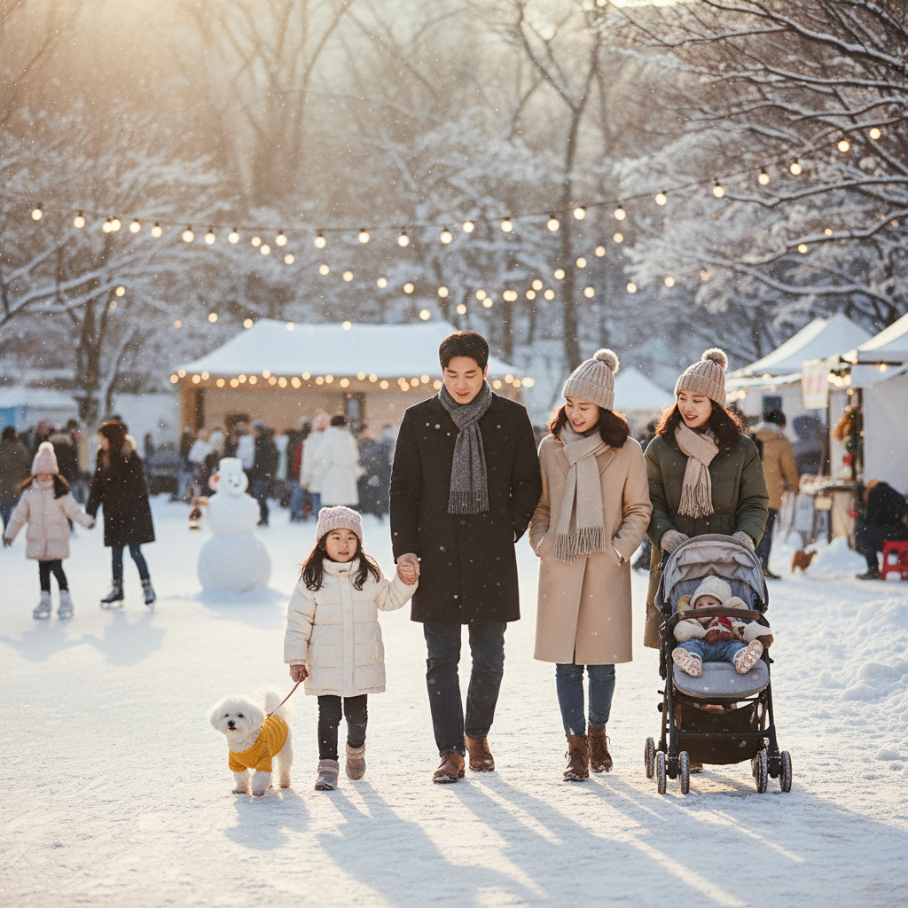 반려견과 함께 축제장을 산책하는 가족