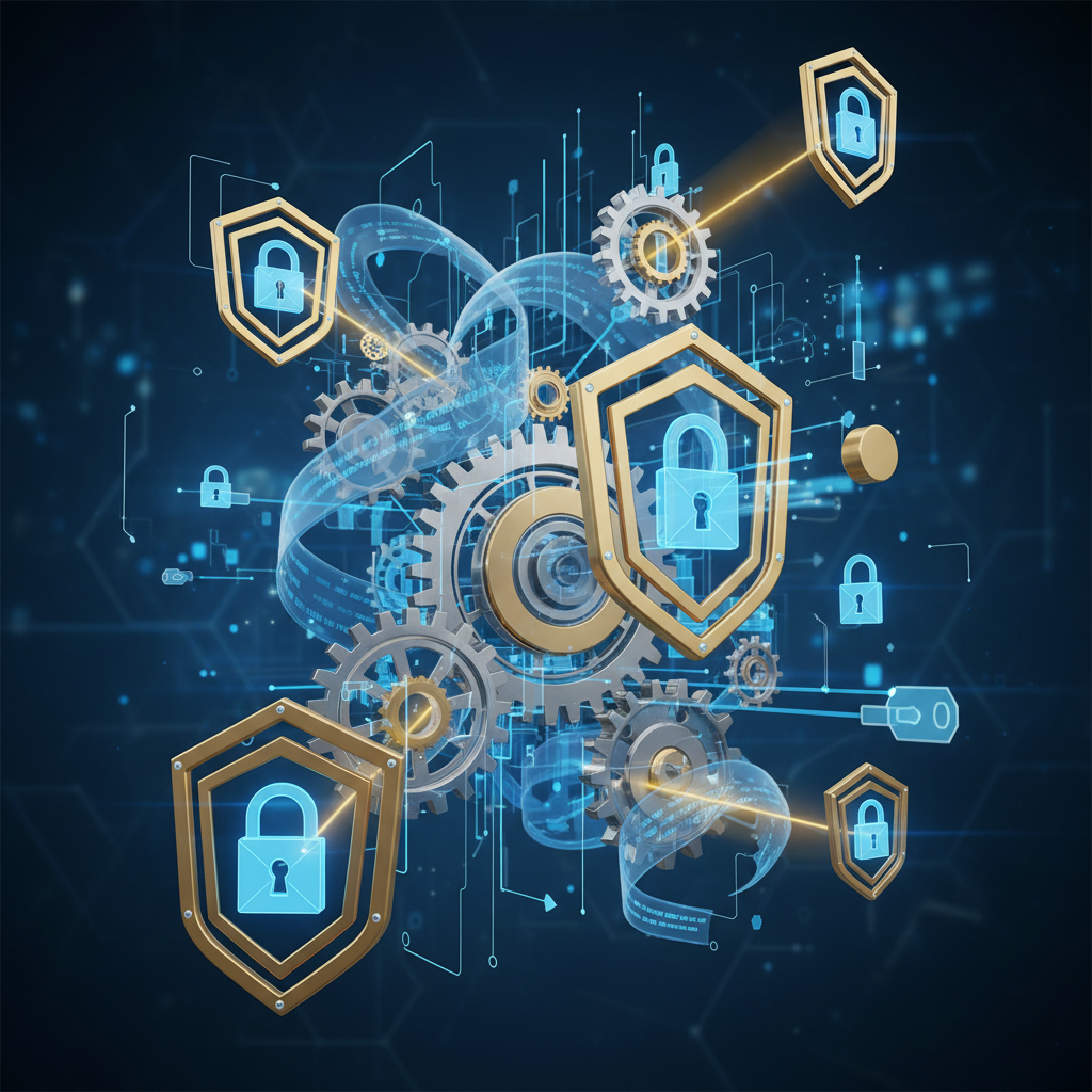 디지털 알고리즘과 안전 장치를 상징하는 그래픽