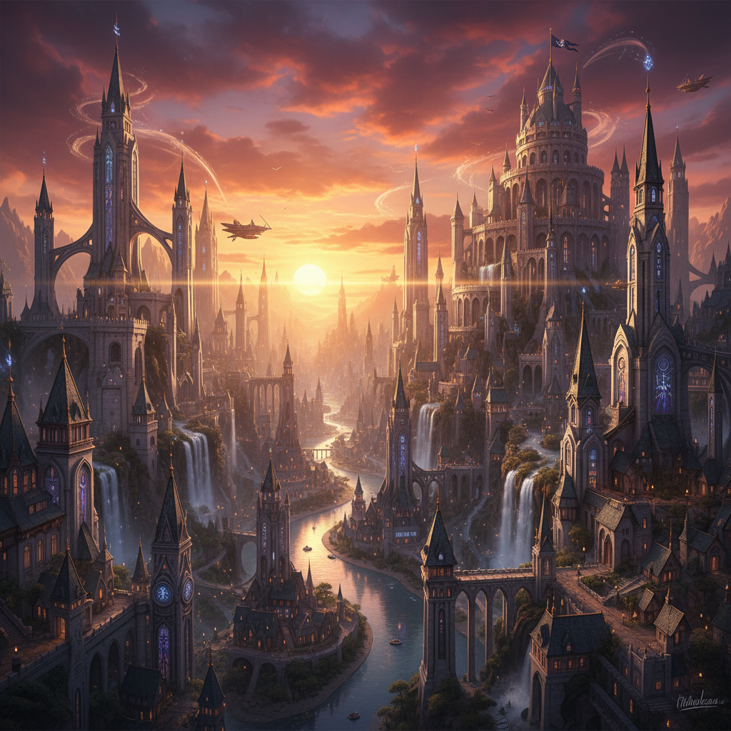 환상적인 판타지 세계를 배경으로 한 화려한 도시의 전경