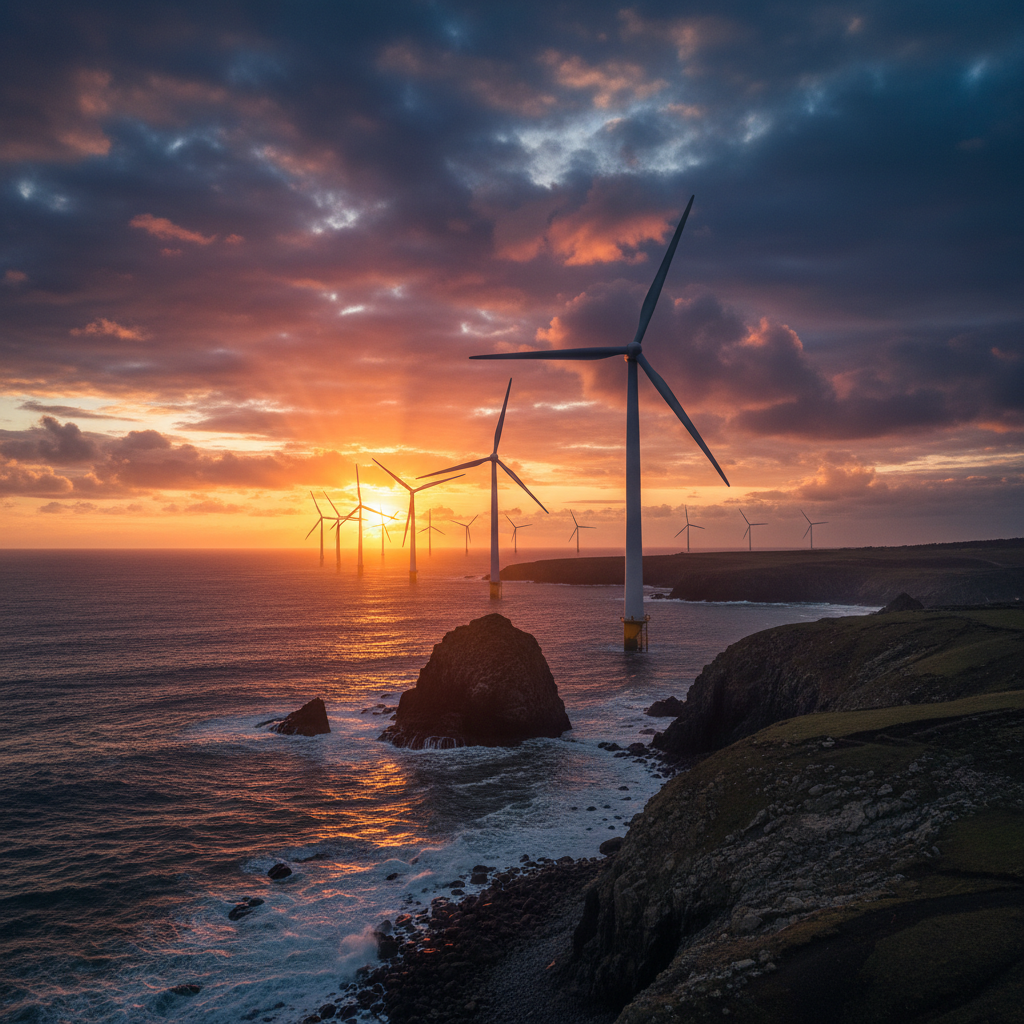 노을이 지는 해안가와 거대한 해상 풍력발전기