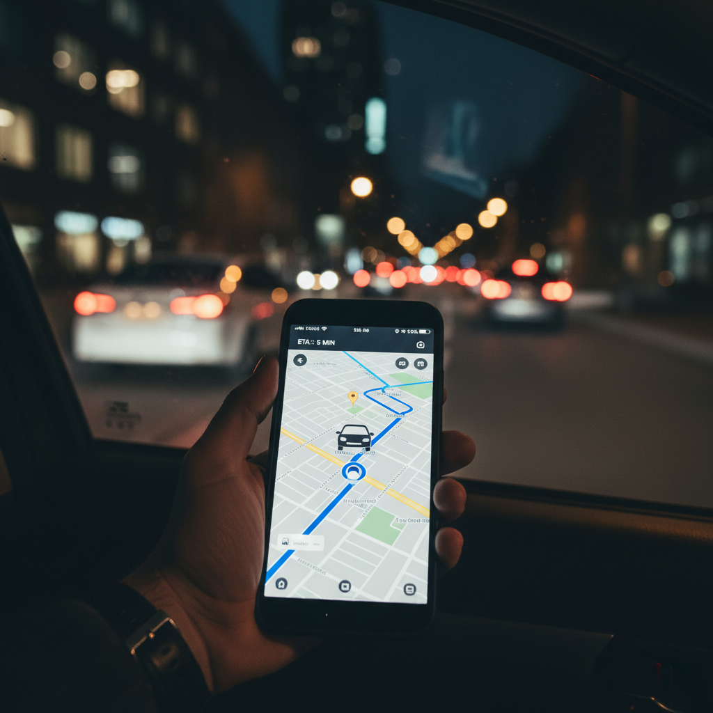 야간에 우버 앱을 이용하는 승객의 스마트폰 화면
