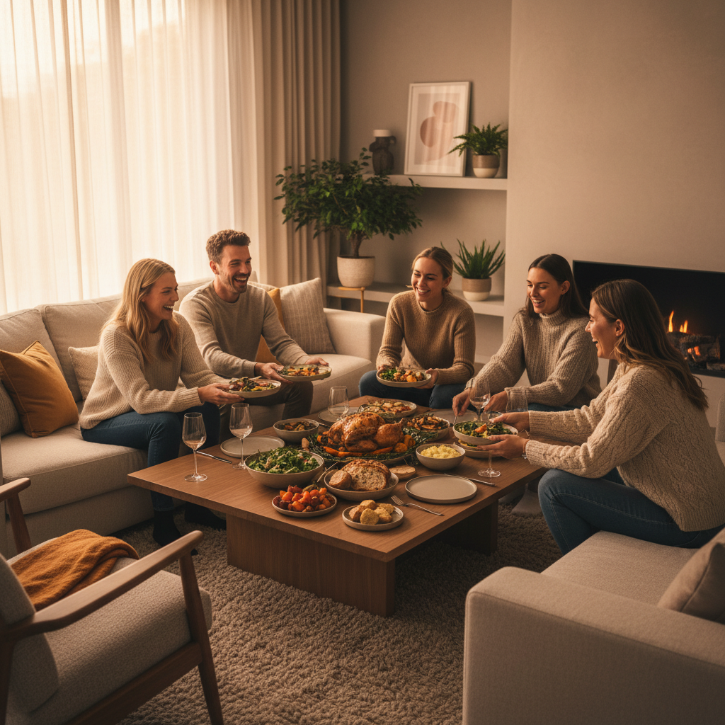 거실에서 가족과 함께 치킨을 즐기는 모습