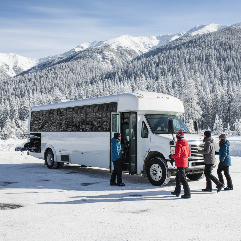 눈 덮인 도로를 지나는 축제 무료 셔틀버스와 주차장 전경