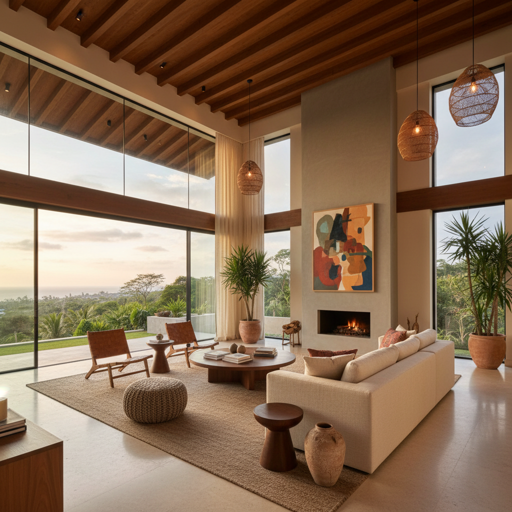 채광이 좋은 넓은 거실과 세련된 디자인의 소파가 배치된 내부 전경