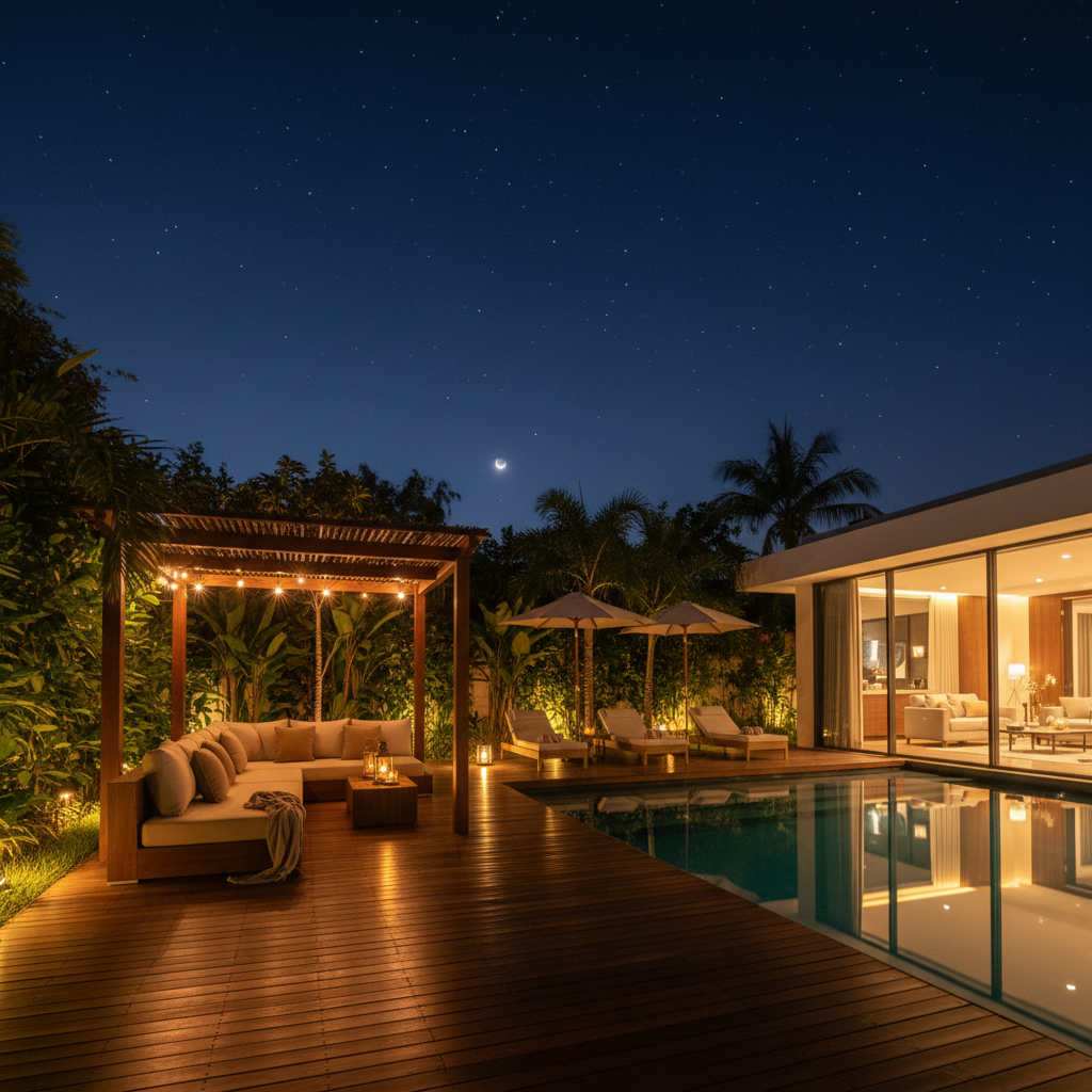 밤하늘 아래 은은한 조명이 켜진 풀빌라의 야외 테라스와 야경
