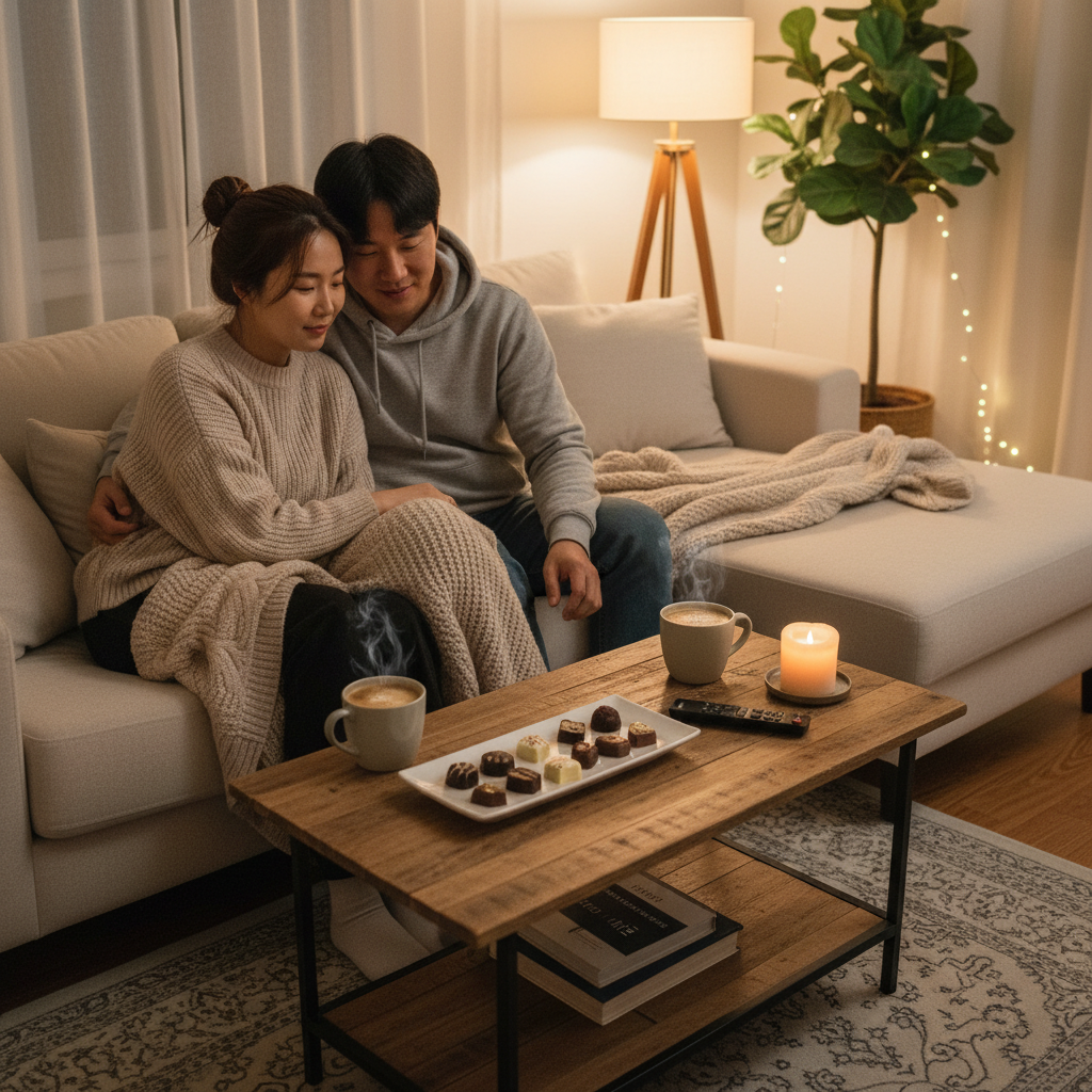 집에서 따뜻한 음료와 초콜릿을 나누는 시간