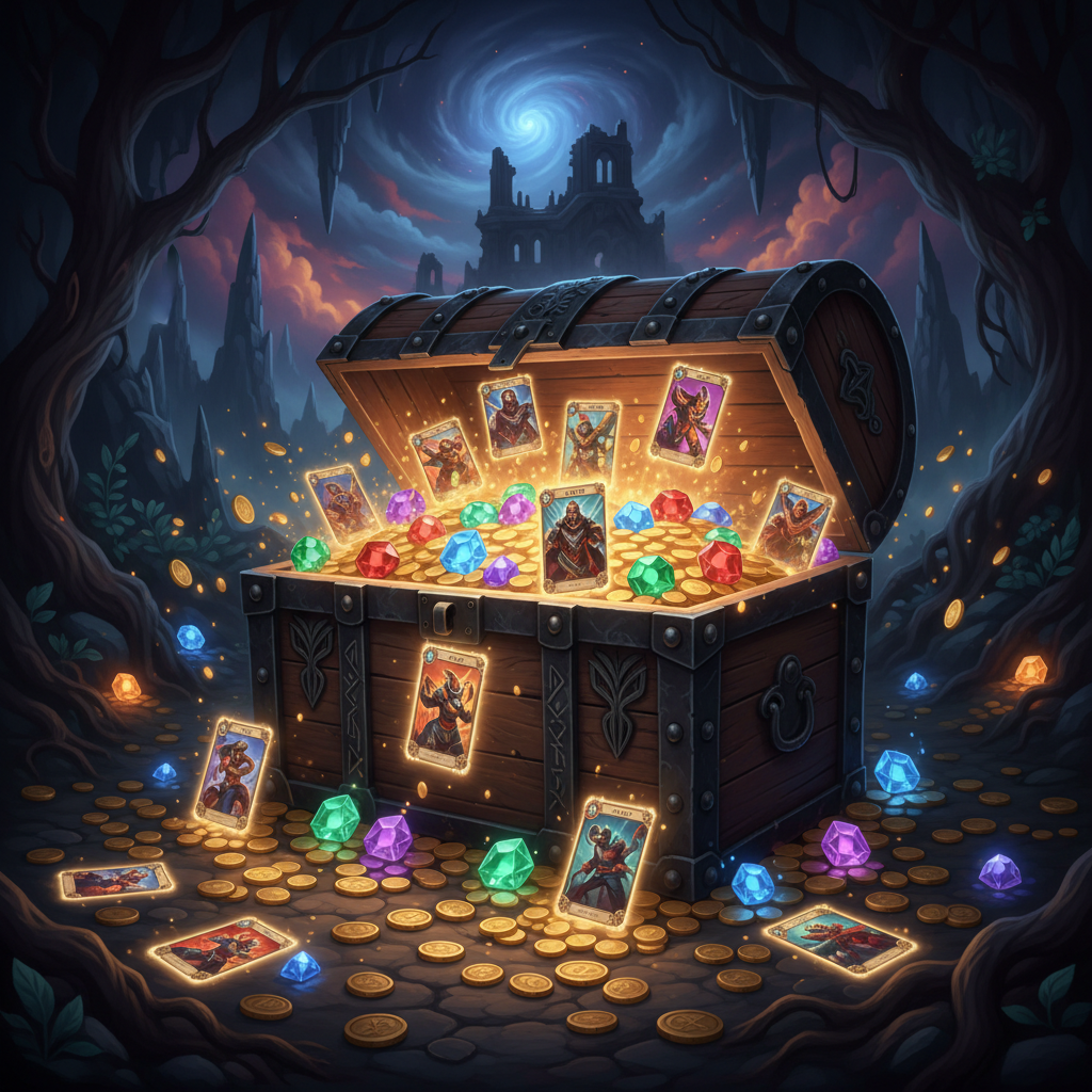 판타지 게임의 보석과 카드가 가득한 보물 상자