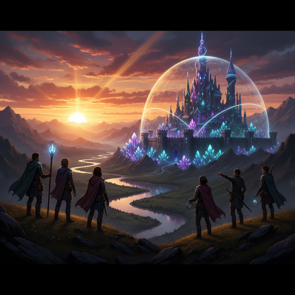 신비로운 성 앞에 서 있는 모험가들의 뒷모습
